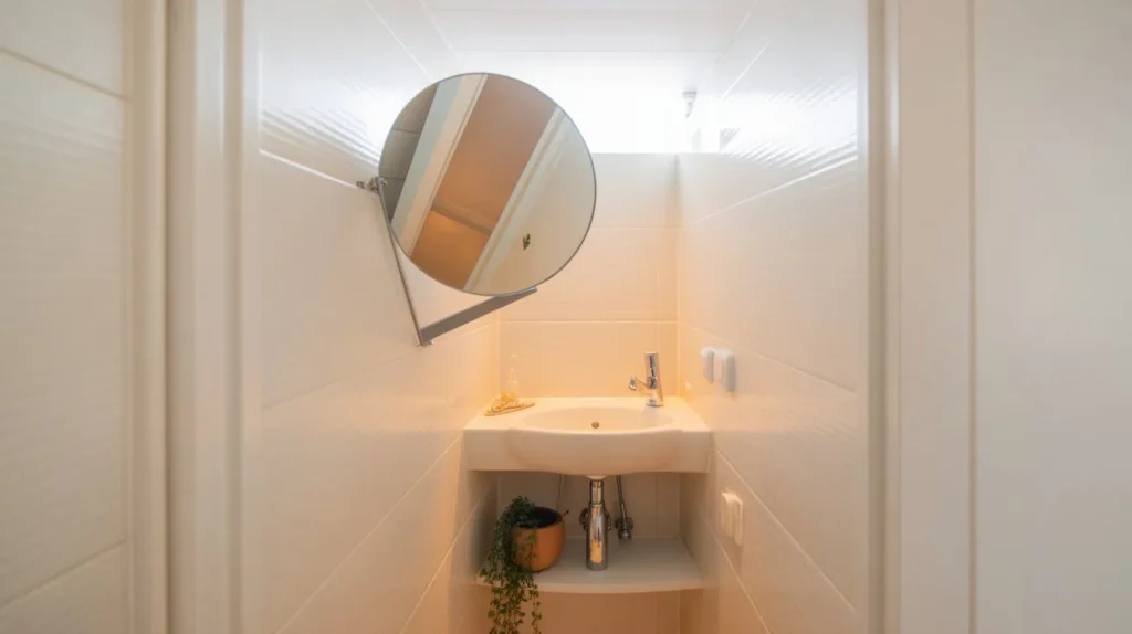 angled corner mirror small bathroom space saving idea