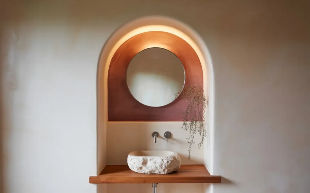 round mirror arched alcove bathroom wall decor idea
