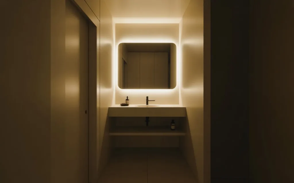 backlit mirror small bathroom idea lighting 2026