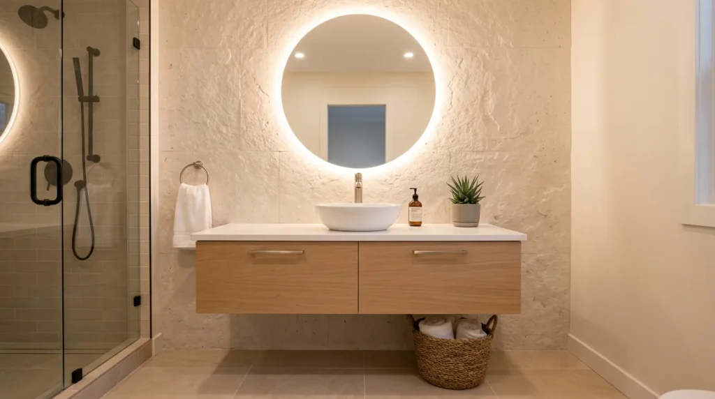 Backlit round mirror creating soft and stylish bathroom lighting ideas for a modern space.