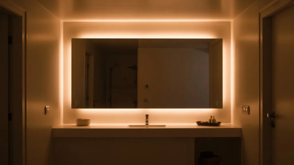 backlit wall panel mirror small bathroom lighting idea