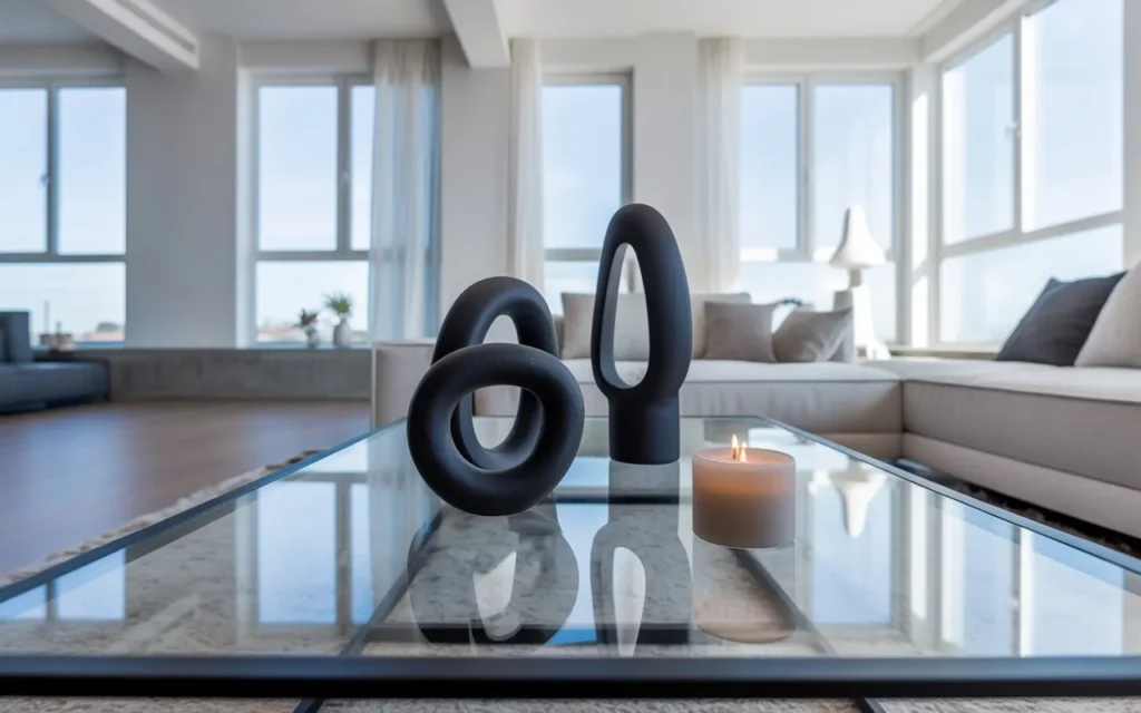 black sculptural objects glass coffee table decor idea