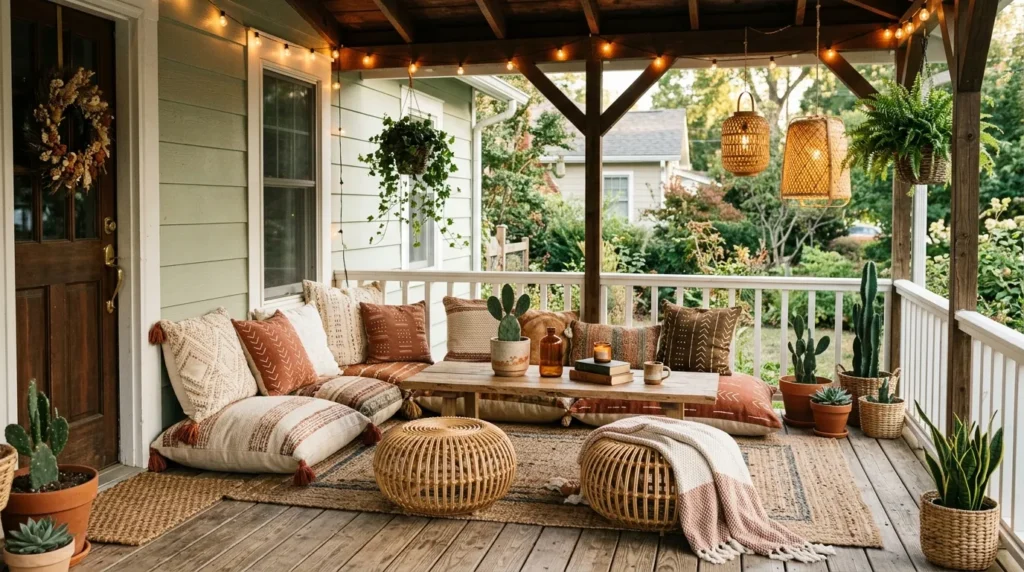boho floor cushions front porch seating idea cozy