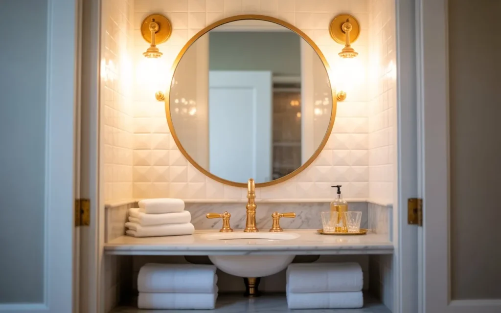 classic brass frame round mirror bathroom idea above vanity