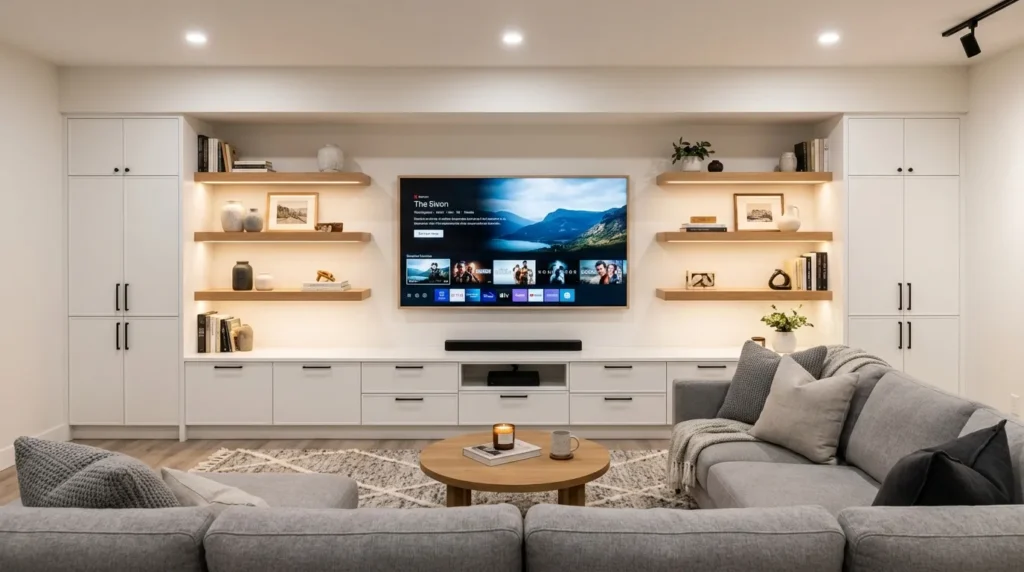 built in media wall basement family room idea modern
