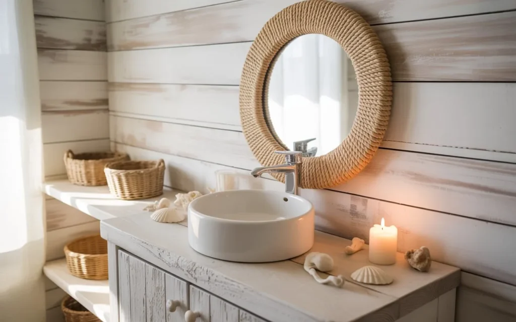 coastal rope frame round mirror bathroom wall idea