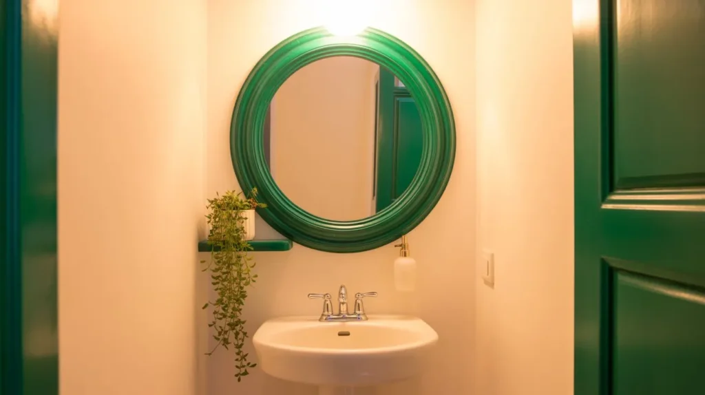 coloured frame statement mirror small bathroom idea