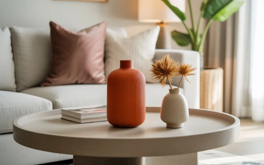 contrasting color pop round coffee table decor idea