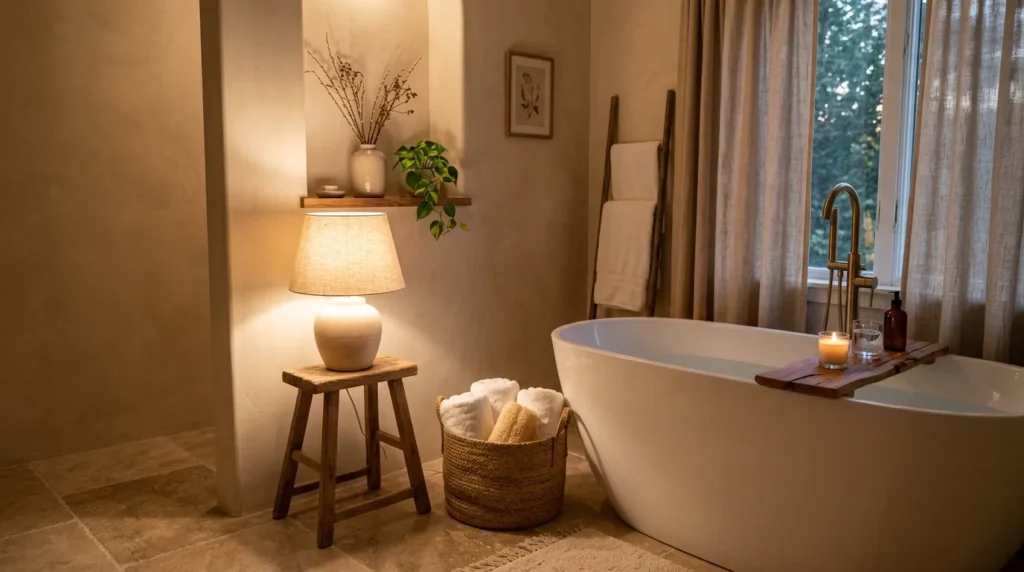 Corner accent lamp adding soft decorative lighting to a cozy bathroom corner.