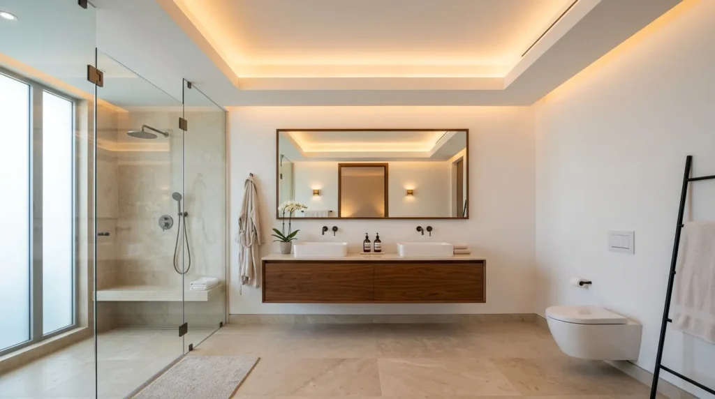 Cove ceiling light creating a soft ambient glow for a relaxing bathroom atmosphere.