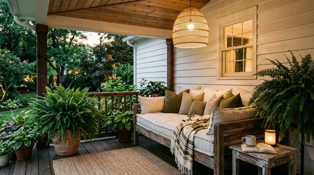 cozy daybed setup front porch seating idea 2026