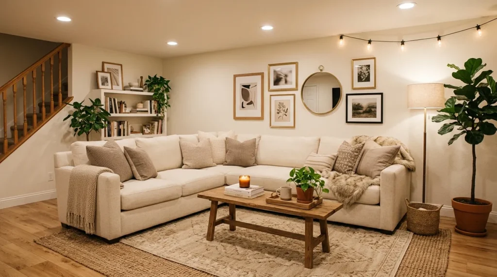 cozy sectional zone basement family room idea 2026