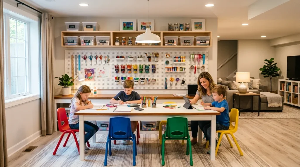 craft and homework station basement family room idea