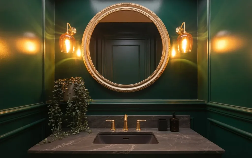 round mirror dark moody bathroom interior design idea