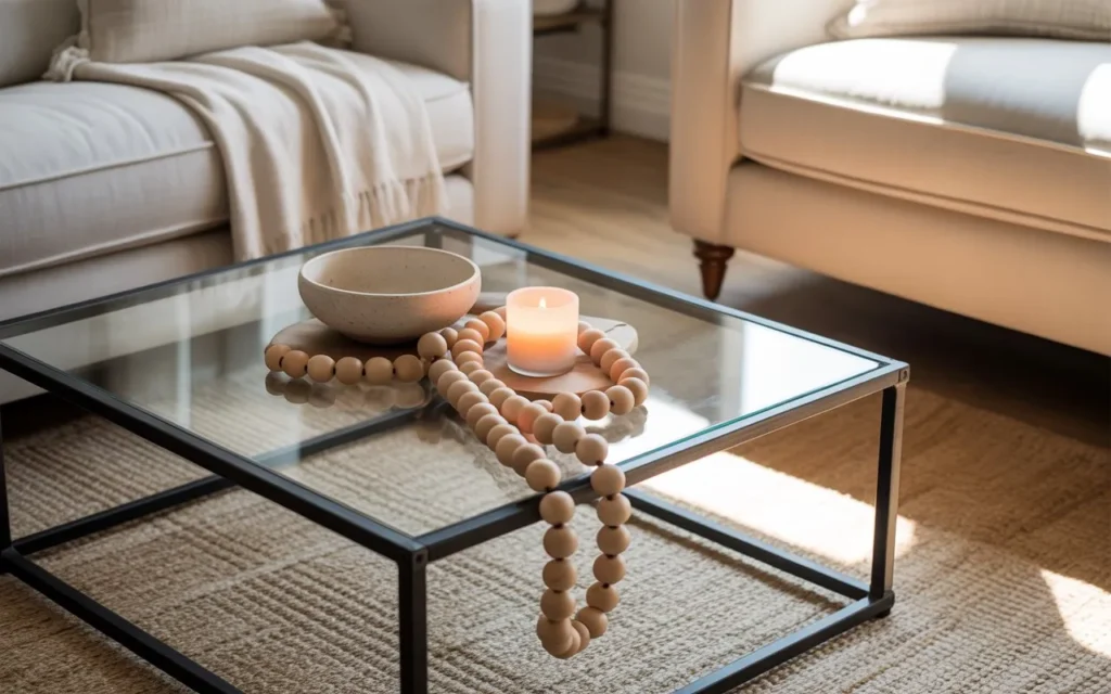 decorative bead garland glass coffee table decor idea