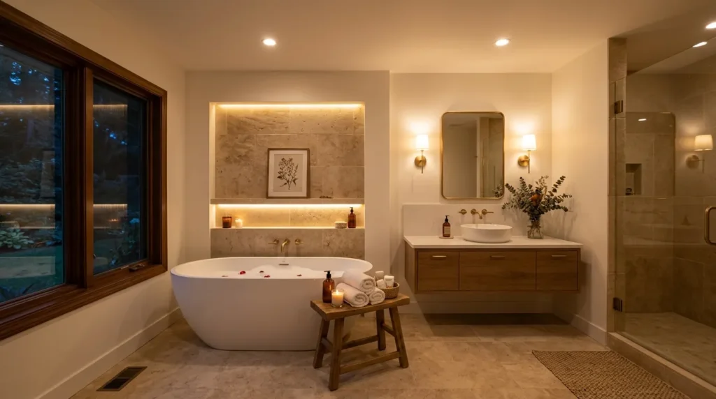 Dimmable spa lighting creating a calm and luxurious bathroom retreat.