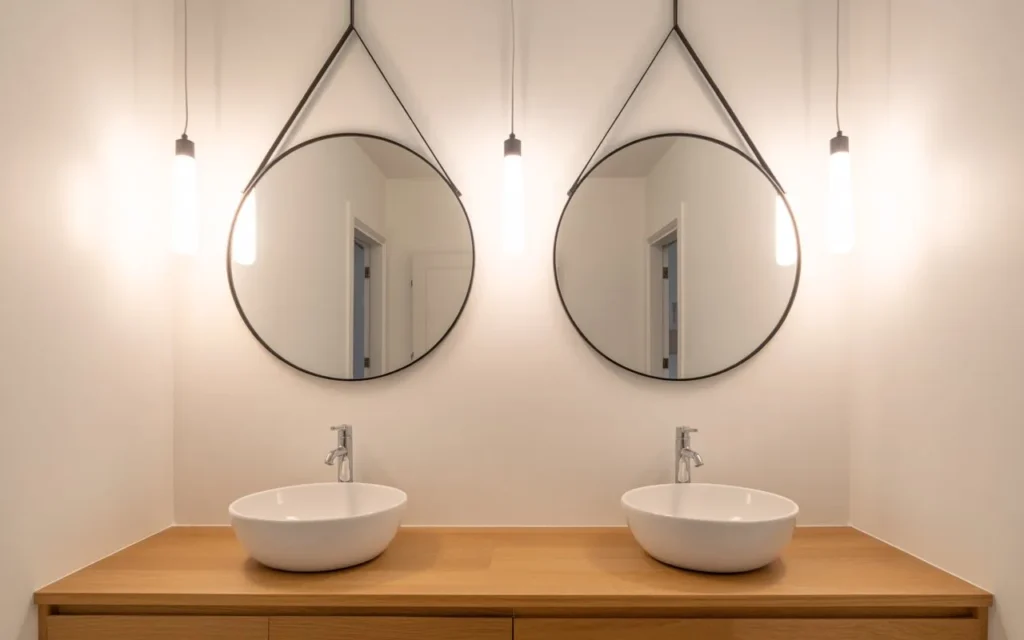 double round mirror set bathroom above double sink idea
