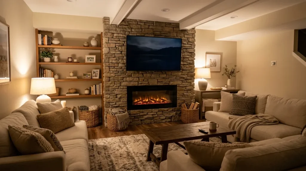 fireplace focal point basement family room idea cozy