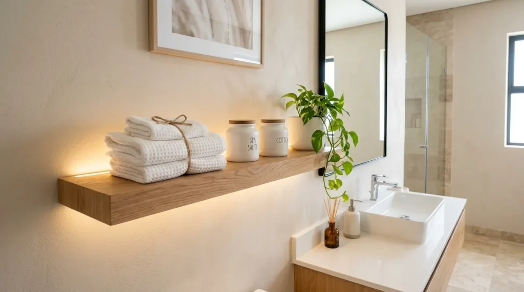 Floating shelf glow lighting adding warmth and depth to bathroom storage decor.
