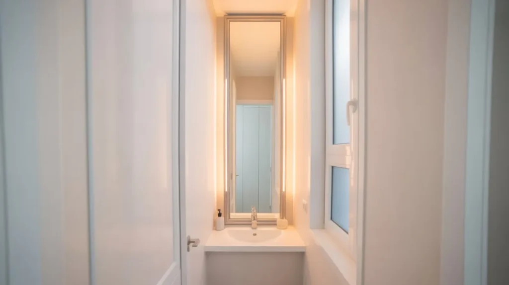 floor to ceiling vertical mirror small bathroom idea