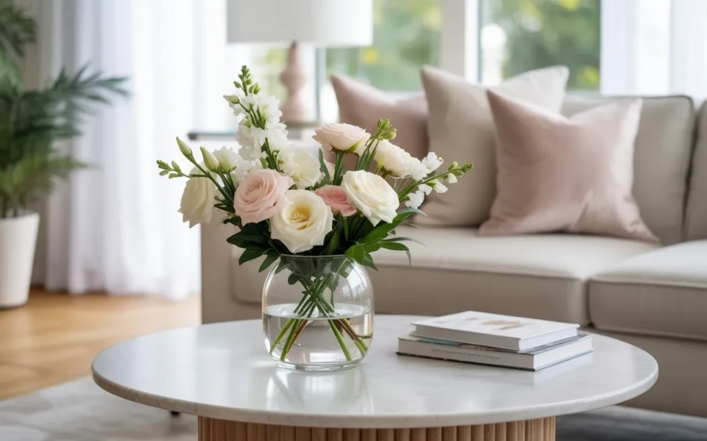 fresh flower accent round coffee table decor idea