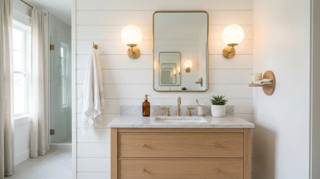 Frosted globe lights creating a soft and timeless glow for bathroom vanity lighting.