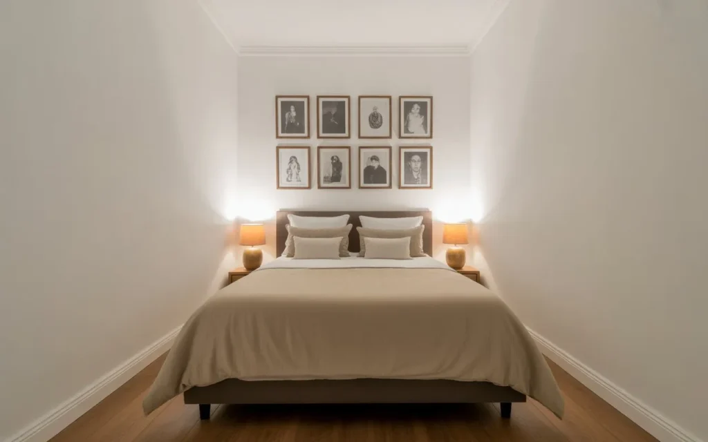 gallery grid wall small bedroom idea 2026