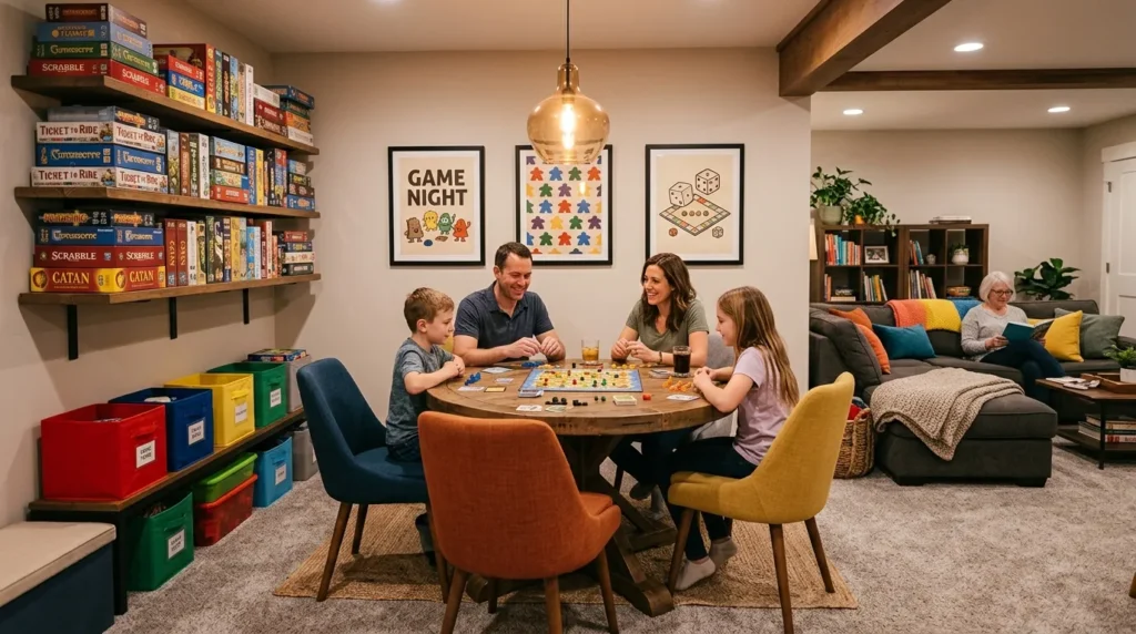 game night corner basement family room idea 2026
