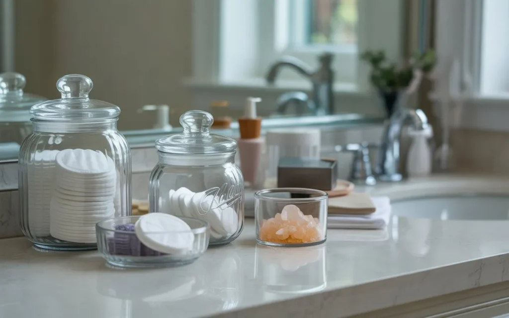 glass jar storage bathroom storage idea countertop