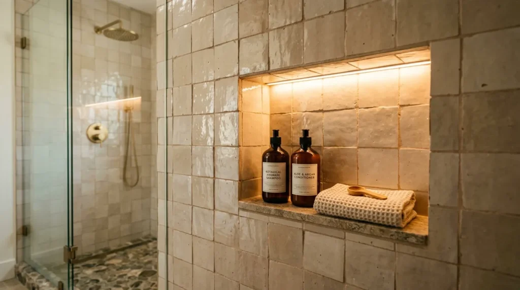 Glowing shower niche adding stylish accent lighting to a modern bathroom shower.