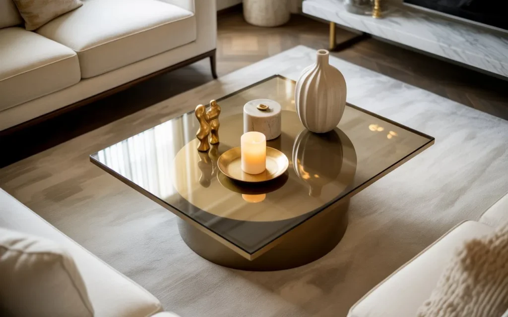gold accent decor glass coffee table decor idea 2026