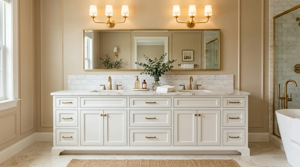 Gold fixture accents adding warmth and luxury to elegant bathroom lighting ideas.