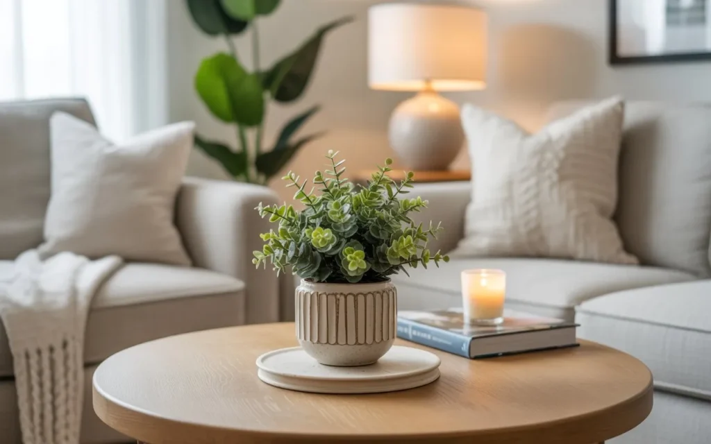  greenery touch styling round coffee table decor idea