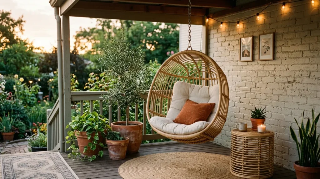 hanging egg chair front porch seating idea modern