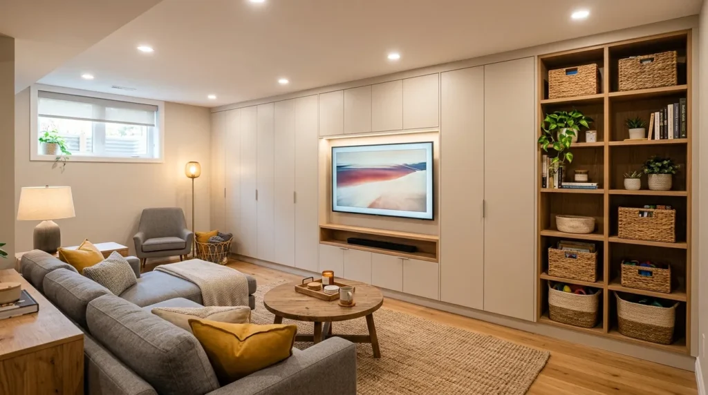 hidden storage wall basement family room idea 2026