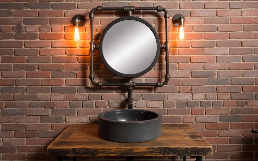 industrial pipe frame round mirror bathroom idea