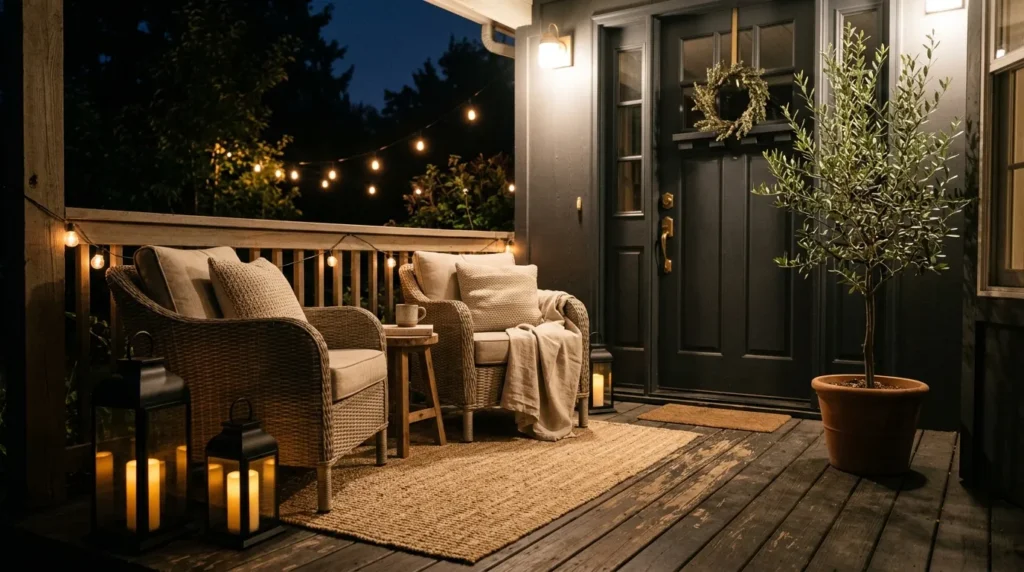 lantern seating glow front porch seating idea cozy
