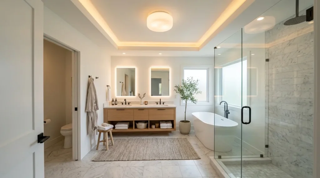 Layered ceiling glow giving the bathroom a bright, elegant, and relaxing atmosphere.