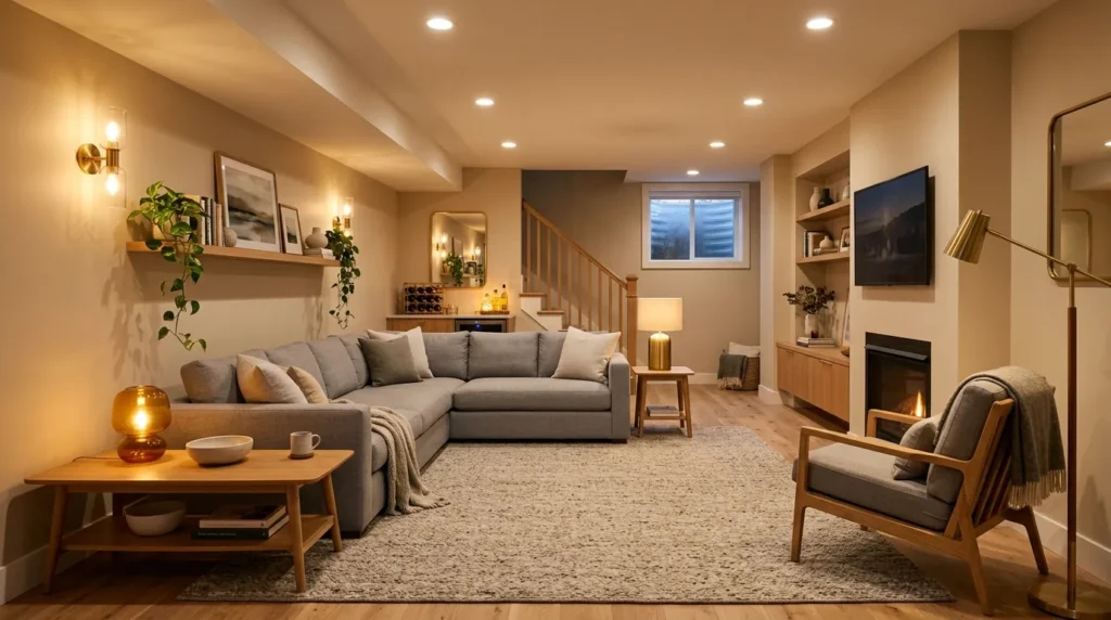 layered lighting plan basement family room idea