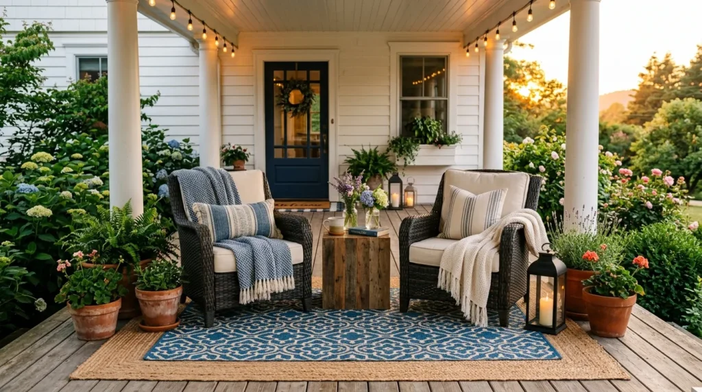 layered rug seating front porch seating idea cozy