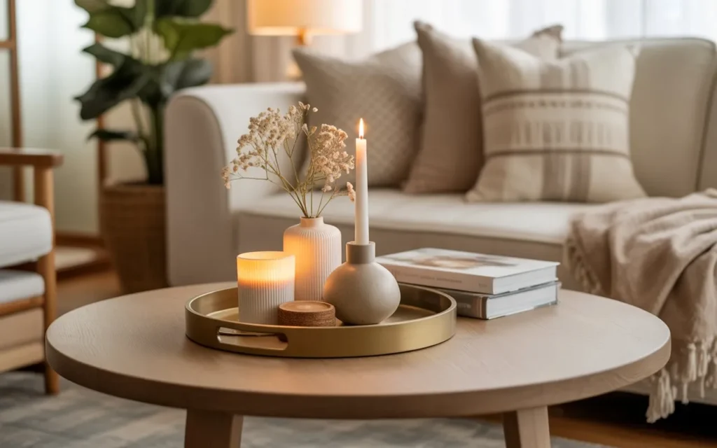 layered tray styling round coffee table decor idea