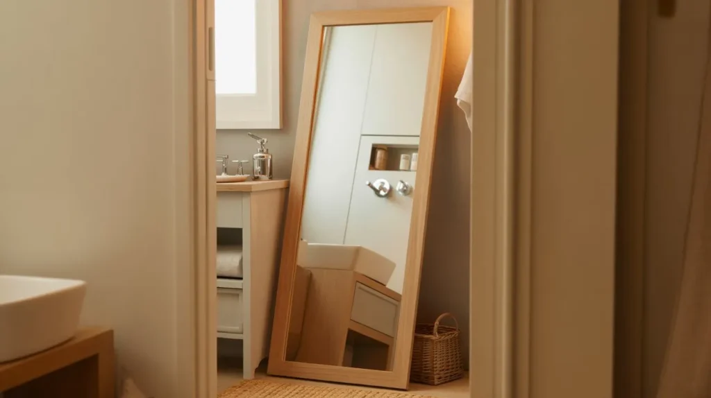 leaning floor mirror small bathroom idea