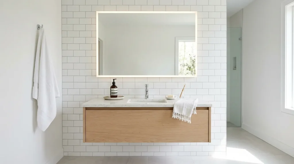 LED mirror strip lighting adding a sleek and practical touch to bathroom vanity design.