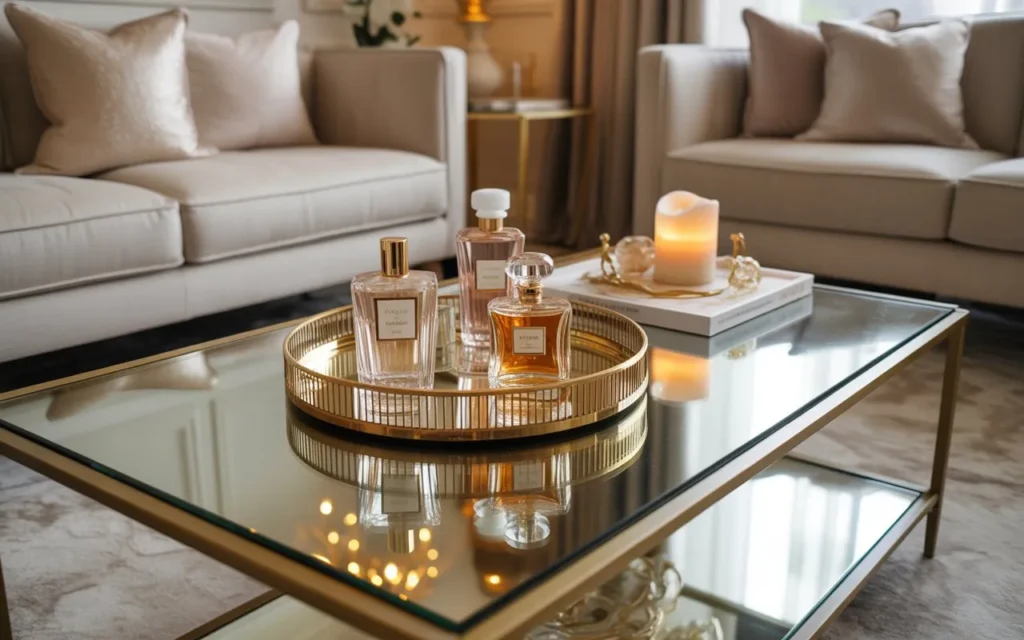 luxury perfume display glass coffee table decor idea