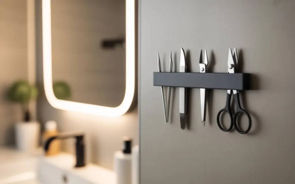 magnetic strip storage bathroom storage idea 2026