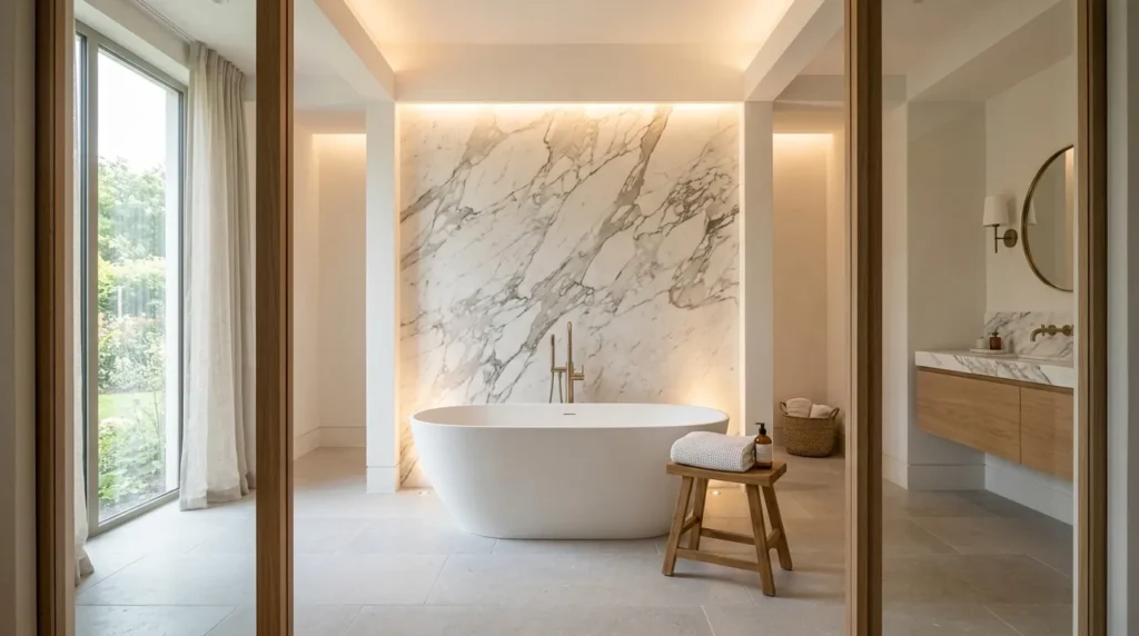Marble wall wash lighting highlighting elegant stone texture in a luxury bathroom.