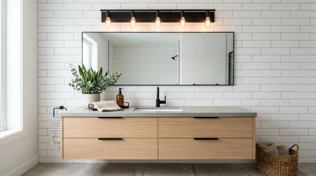 Matte black light bars adding bold contrast to a clean modern bathroom design.