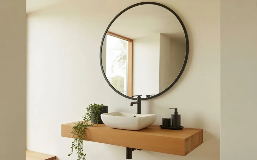 matte black round mirror bathroom contrast wall idea