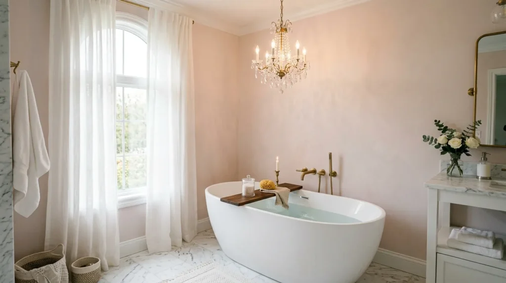 Mini crystal chandelier bringing a glamorous and refined look to bathroom lighting ideas.