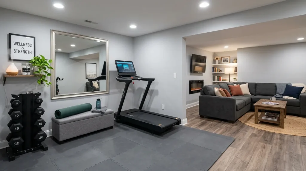 mini gym zone basement family room idea 2026